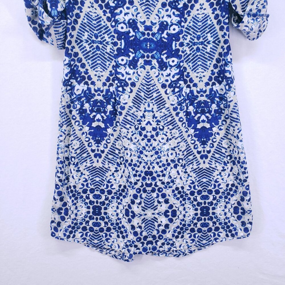 Cabi Blue & White Abstract Print Button Down Short Jewel Shirt Dress Size S - Picture 15 of 16